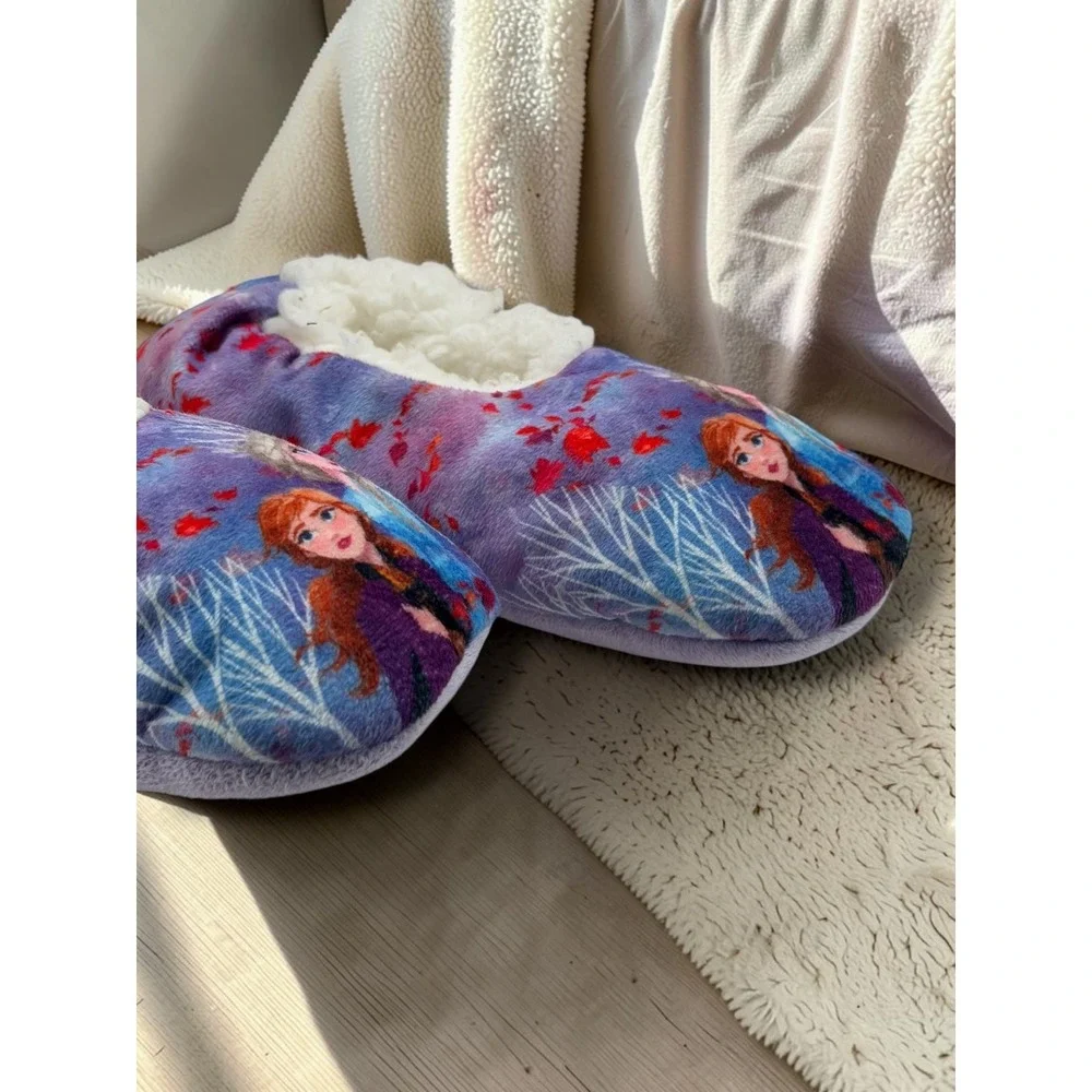 Disney Frozen 2 Anna Elsa Girls Sherpa Lined Slipper Socks Purple Blue Kids